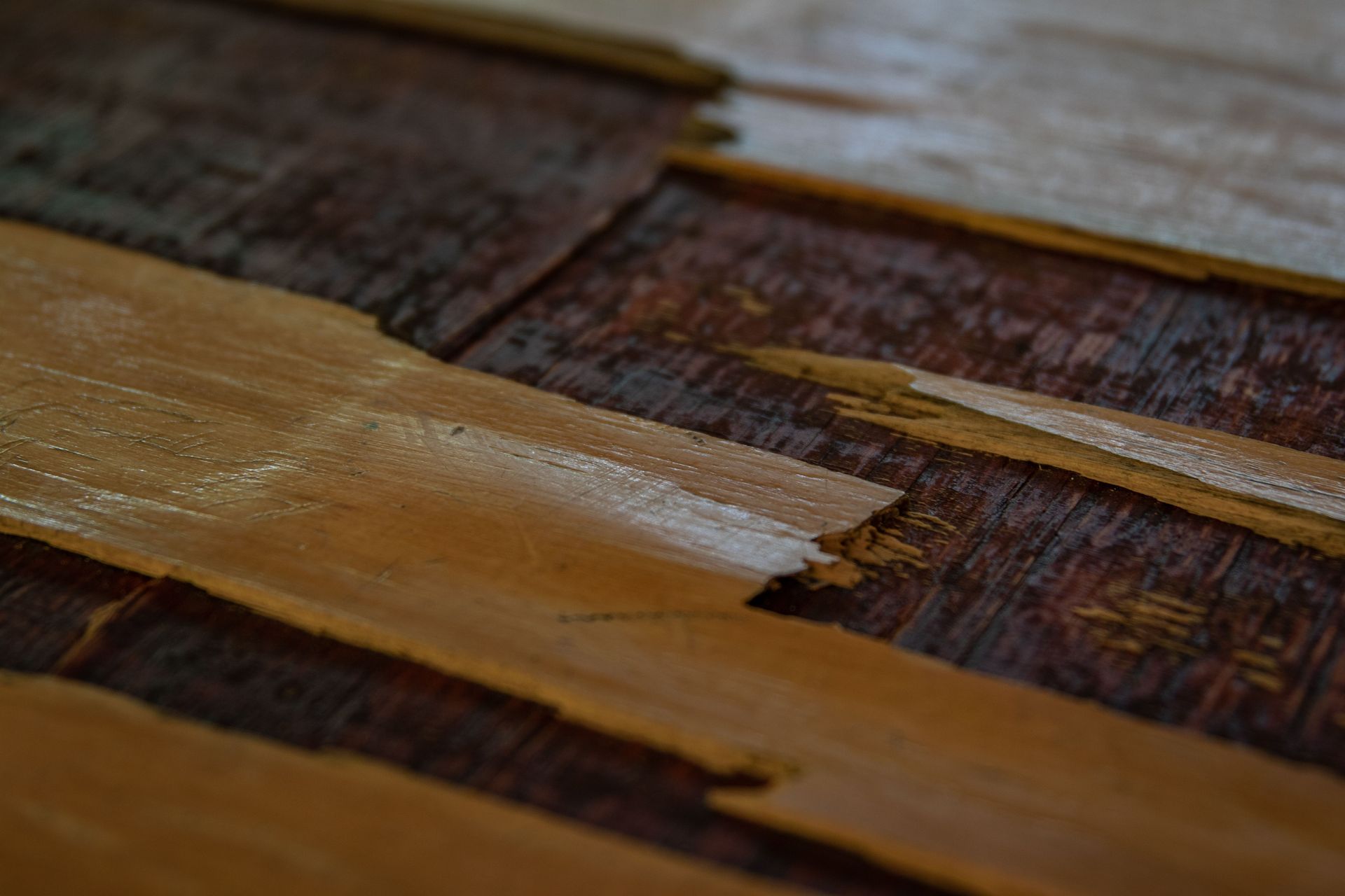 Close-up of a weathered wooden surface with peeling brown and tan paint