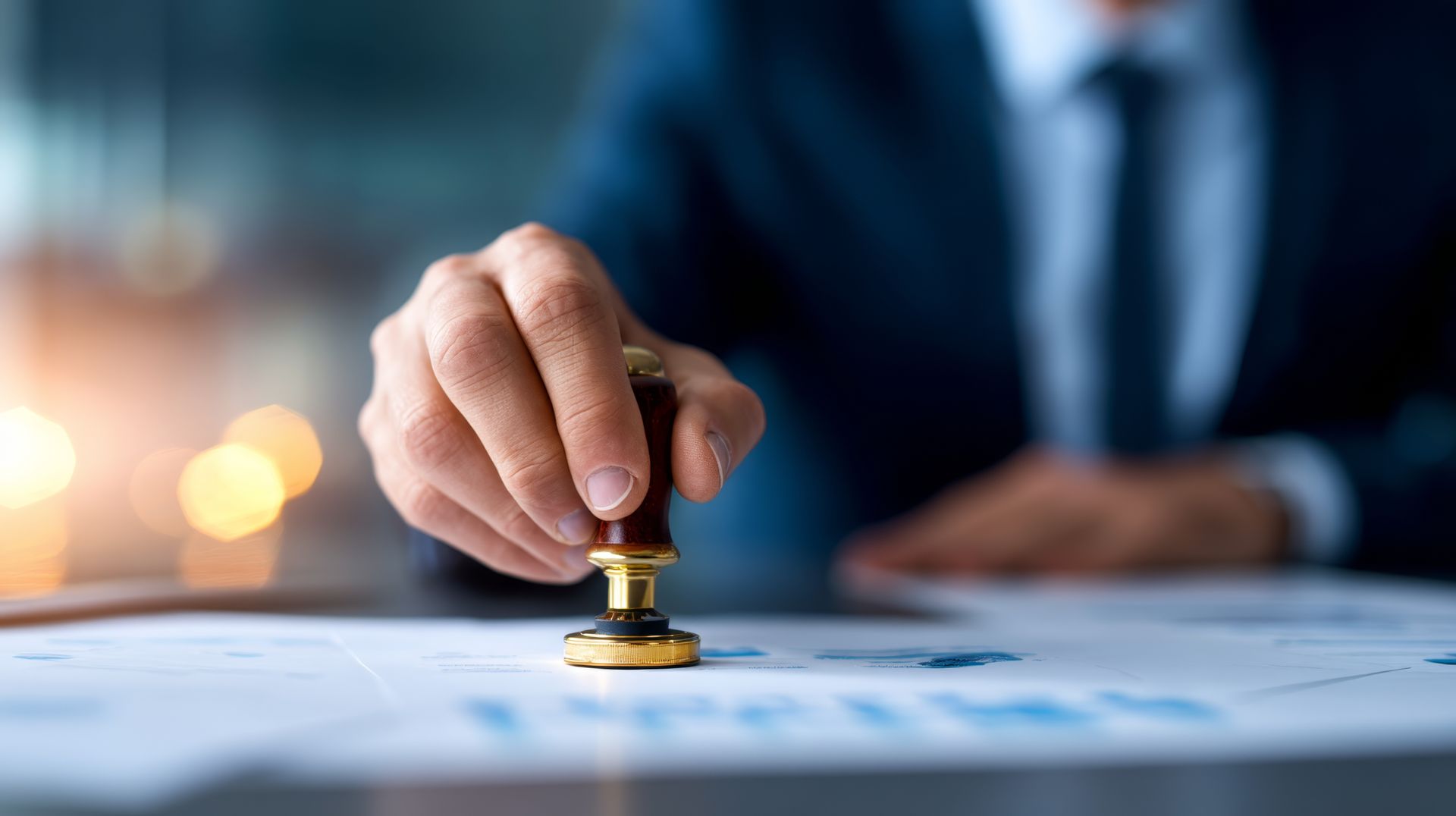 Person in suit hand-stamping a document with a gold and brown stamp.