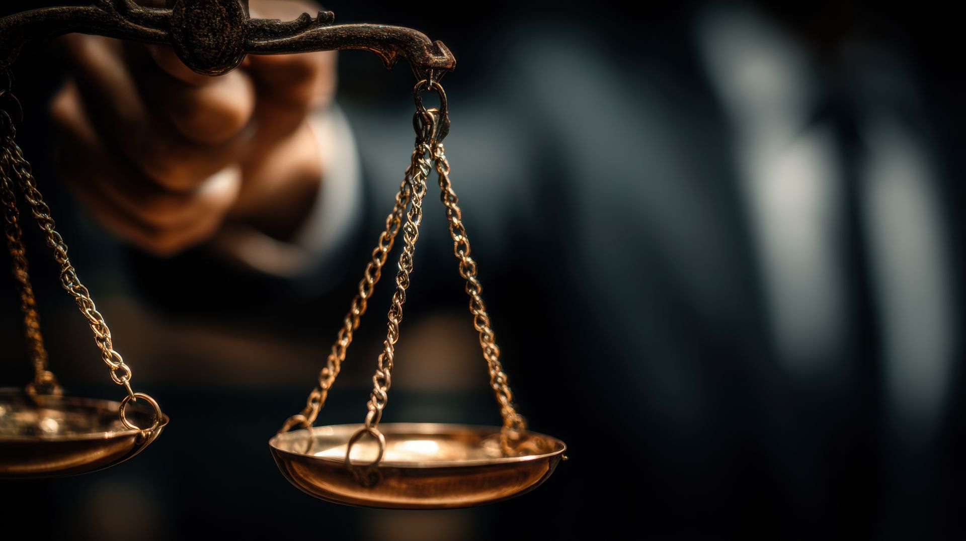 A hand holding golden scales of justice, against a dark background.