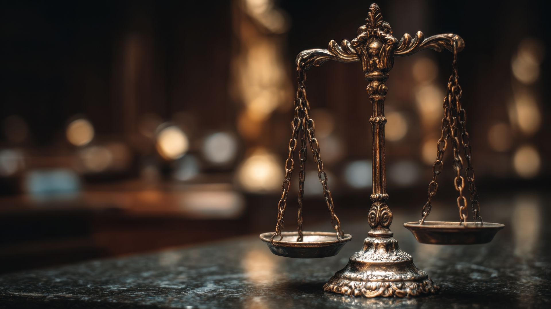 Ornate golden scales on a dark stone surface, in a blurred, possibly legal or historical setting.
