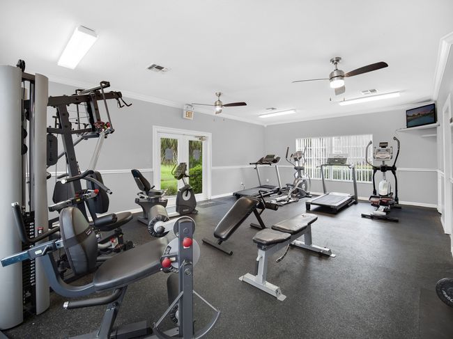 Gym interior with workout equipment, including weight machines, bikes, and treadmills, at The Point at Naples in Naples, FL.