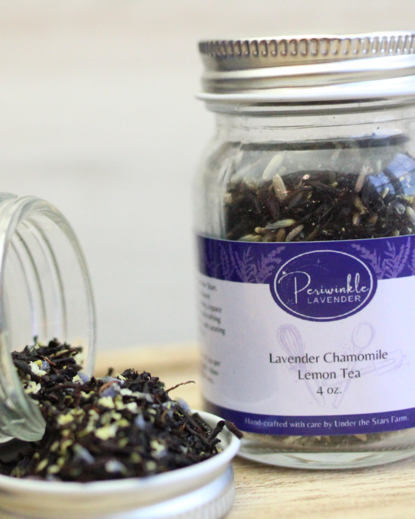 A jar of lavender chamomile lemon tea next to a bowl of tea.