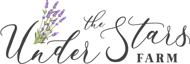 The logo for the under stars farm has purple flowers on it.
