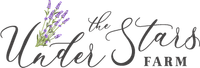 The logo for the under stars farm has purple flowers on it.