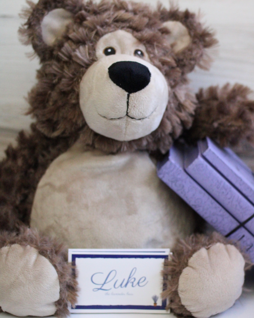 A teddy bear with a name tag that says luke