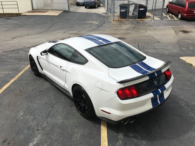 White Ford Mustang GT350 with blue stripes, parked on asphalt.