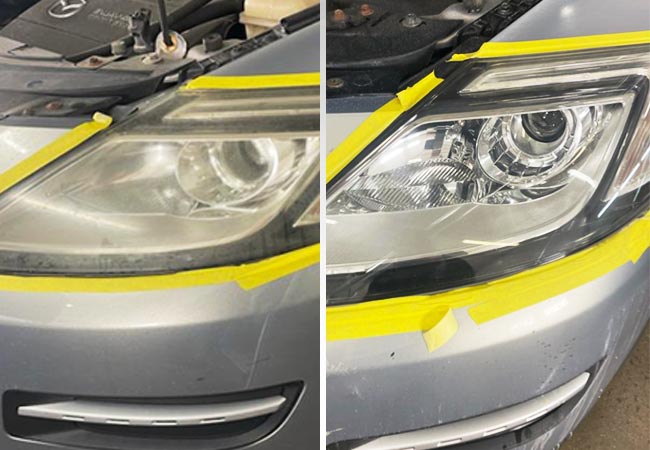 Two car headlights; the left is hazy, the right is clear, showing before and after headlight restoration.