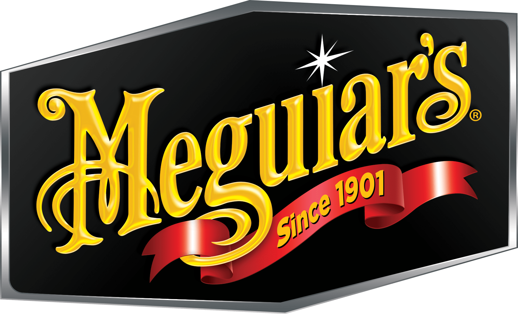Meguiar's logo: gold script lettering on black, with red ribbon and starburst accent, framed in silver.