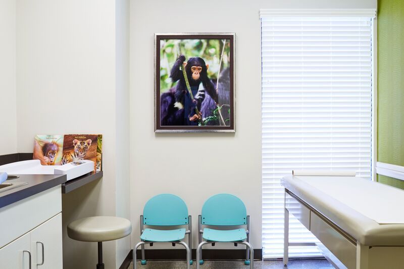 A doctor 's office with a picture of a chimpanzee on the wall.