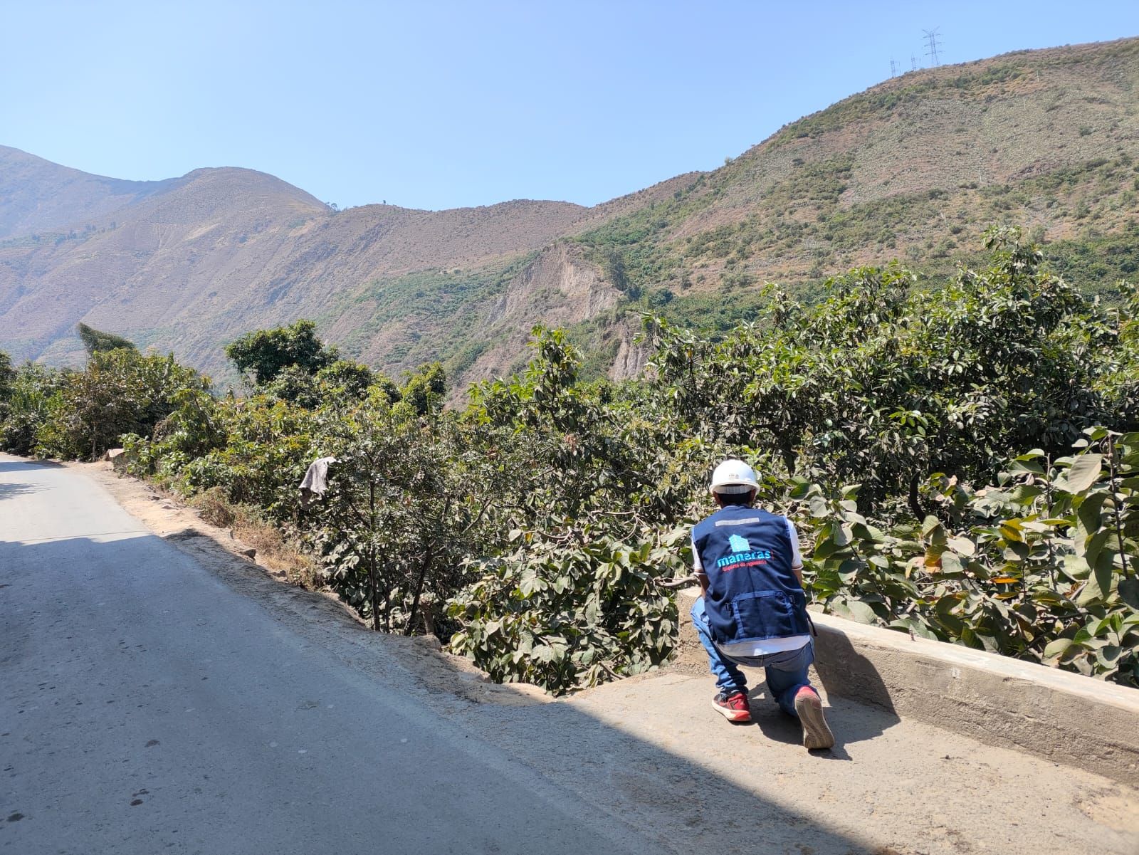 Persona vestida de azul en una carretera de montaña junto a árboles y colinas bajo un cielo despejado.