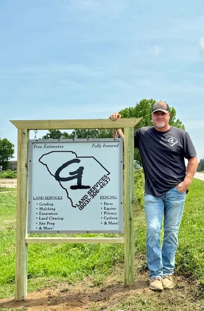 Banner for land services and fencing, with black logo and text on white background.