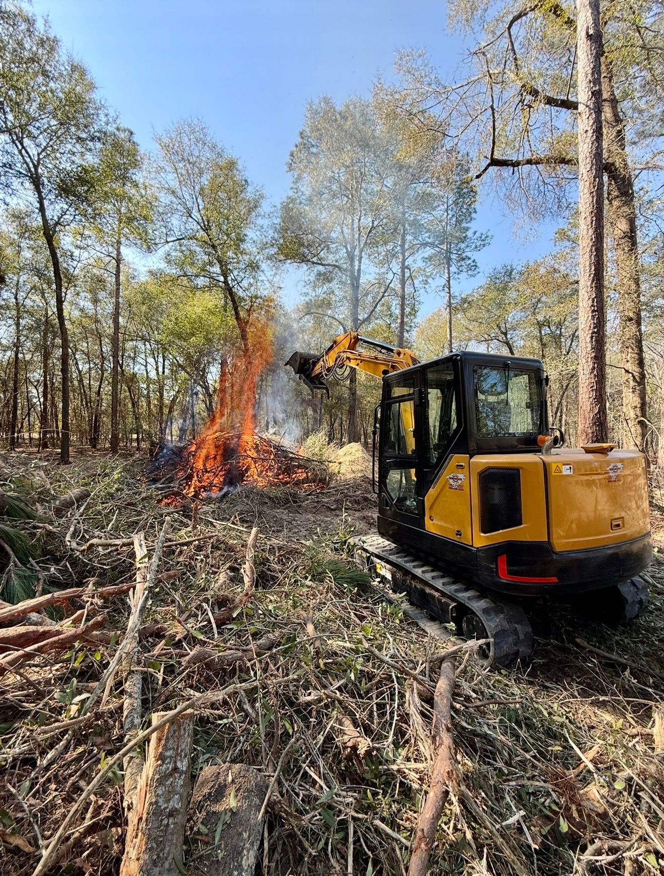 Yellow excavator and orange bulldozer on a dirt site under a blue sky, surrounded by trees