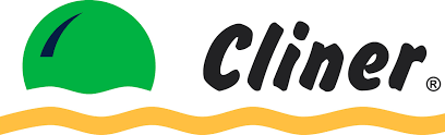 Logotipo de Cliner: semicírculo verde estilizado con raya azul oscuro, texto negro y onda amarilla.
