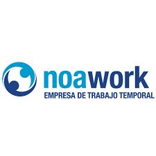 Logotipo para Noawork, una empresa de empleo temporal, con un diseño circular azul y blanco y texto verde azulado.