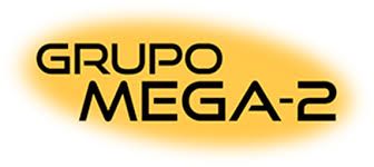Logotipo de Grupo Mega-2 con texto negro sobre fondo naranja.