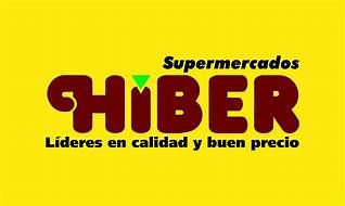 Logo for Hiber supermarkets, featuring maroon text on a yellow background. Text reads 