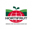 Logotipo de Hortifrut que presenta un globo rojo con hojas verdes, sobre una colina verde oscuro, y la palabra 