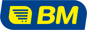 Logotipo de BM en amarillo sobre un rectángulo azul redondeado. La B tiene un icono de recuadro amarillo.