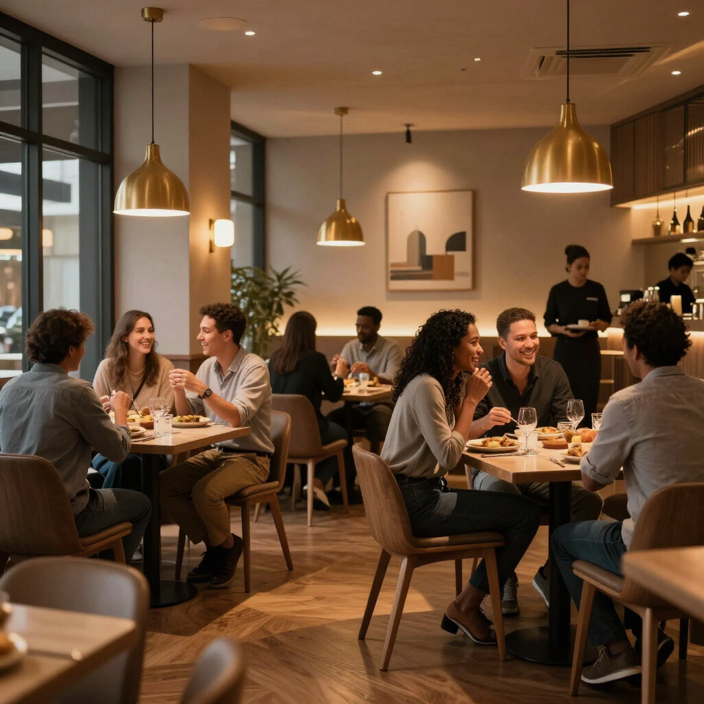 Gezellig restaurant waar mensen dineren en kletsen aan tafels onder warme hanglampen.