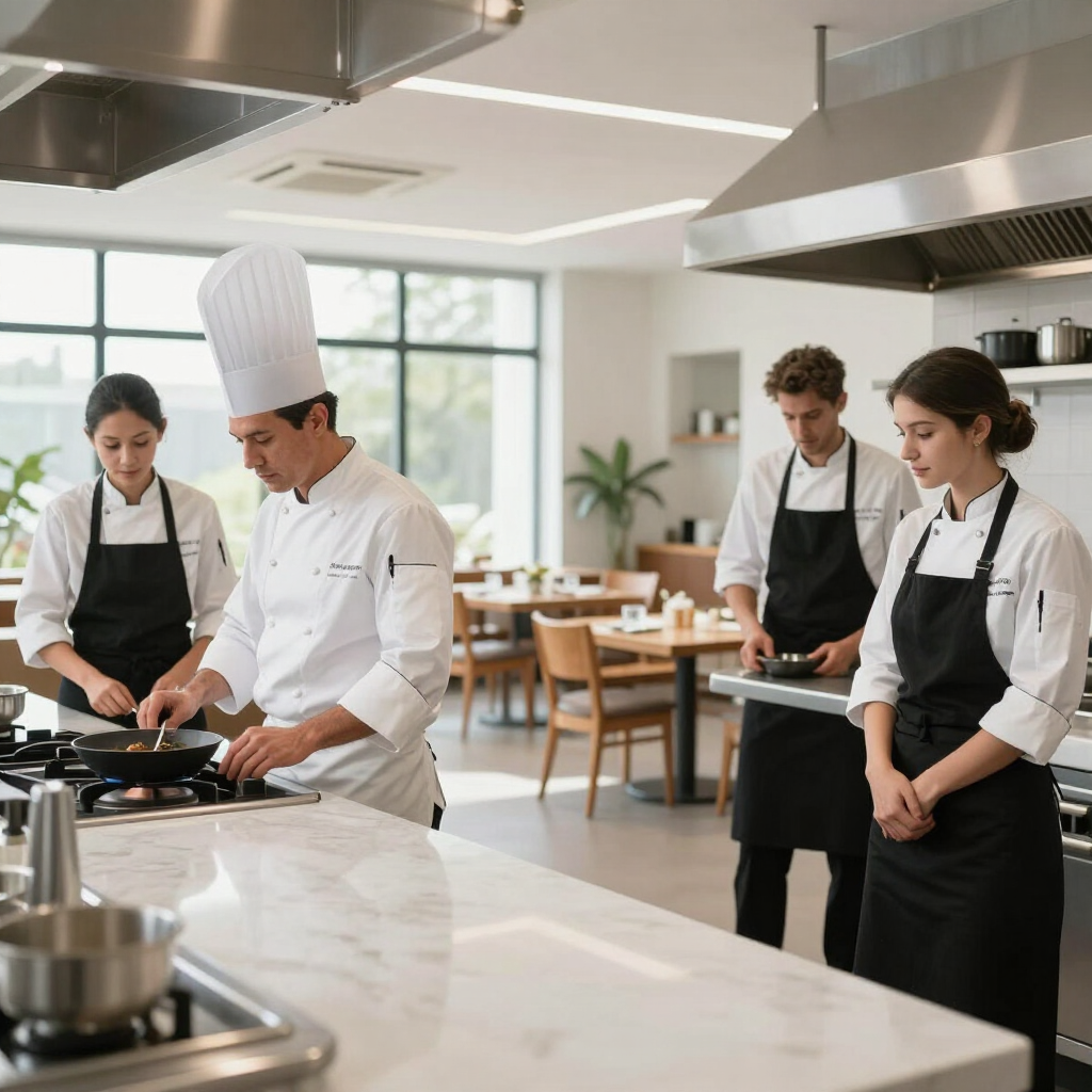 Koks en keukenpersoneel bereiden in een lichte, moderne restaurantkeuken gerechten rond een toonbank.