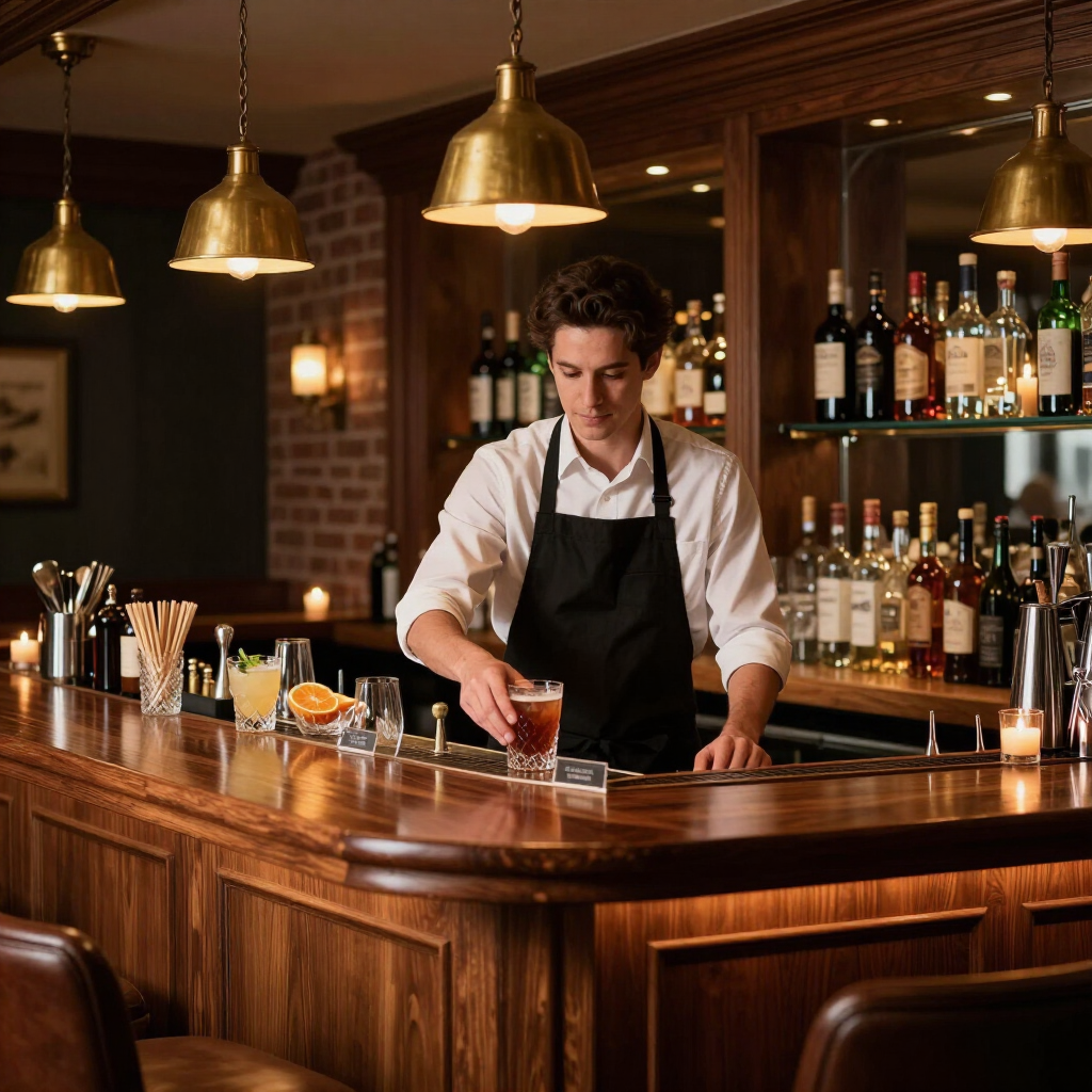 Een barman mixt een drankje achter een houten bar in een sfeervol verlichte pub, met flessen en hanglampen op de achtergrond.
