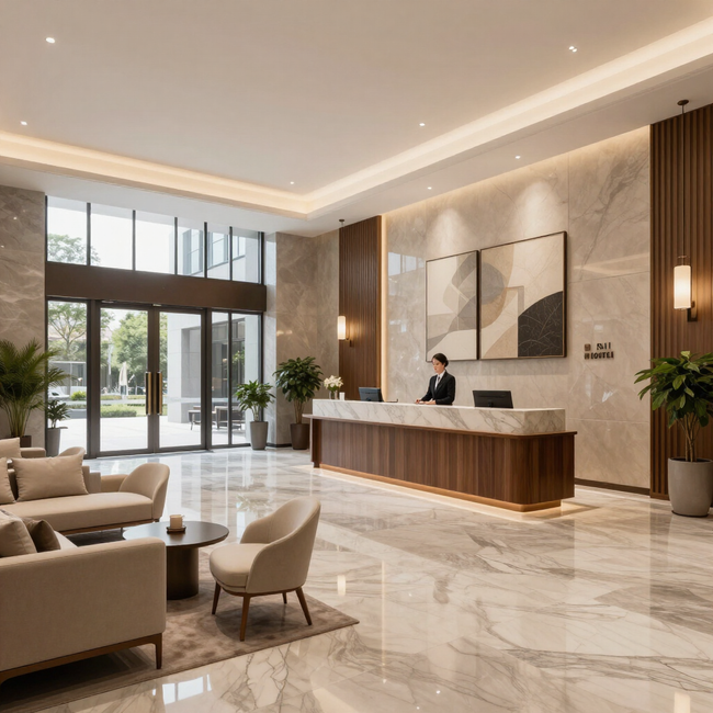 High end hotel lobby, receptie van 5 sterrenhotel