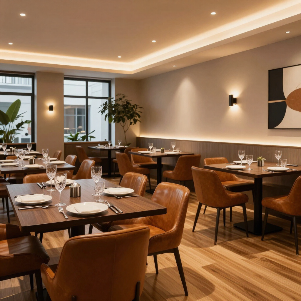 Moderne restaurantzaal met houten tafels, beige stoelen, warme verlichting en abstracte muurdecoratie.