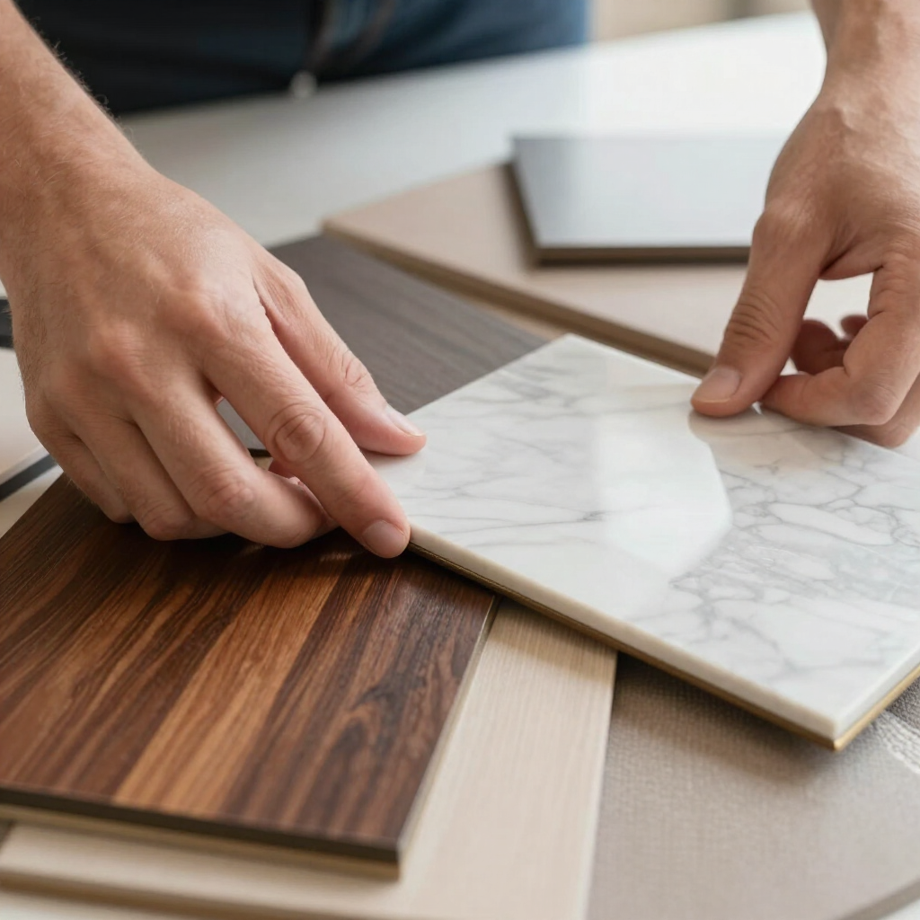 Handen selecteren stalen van houten en marmeren vloerdelen op een tafel.