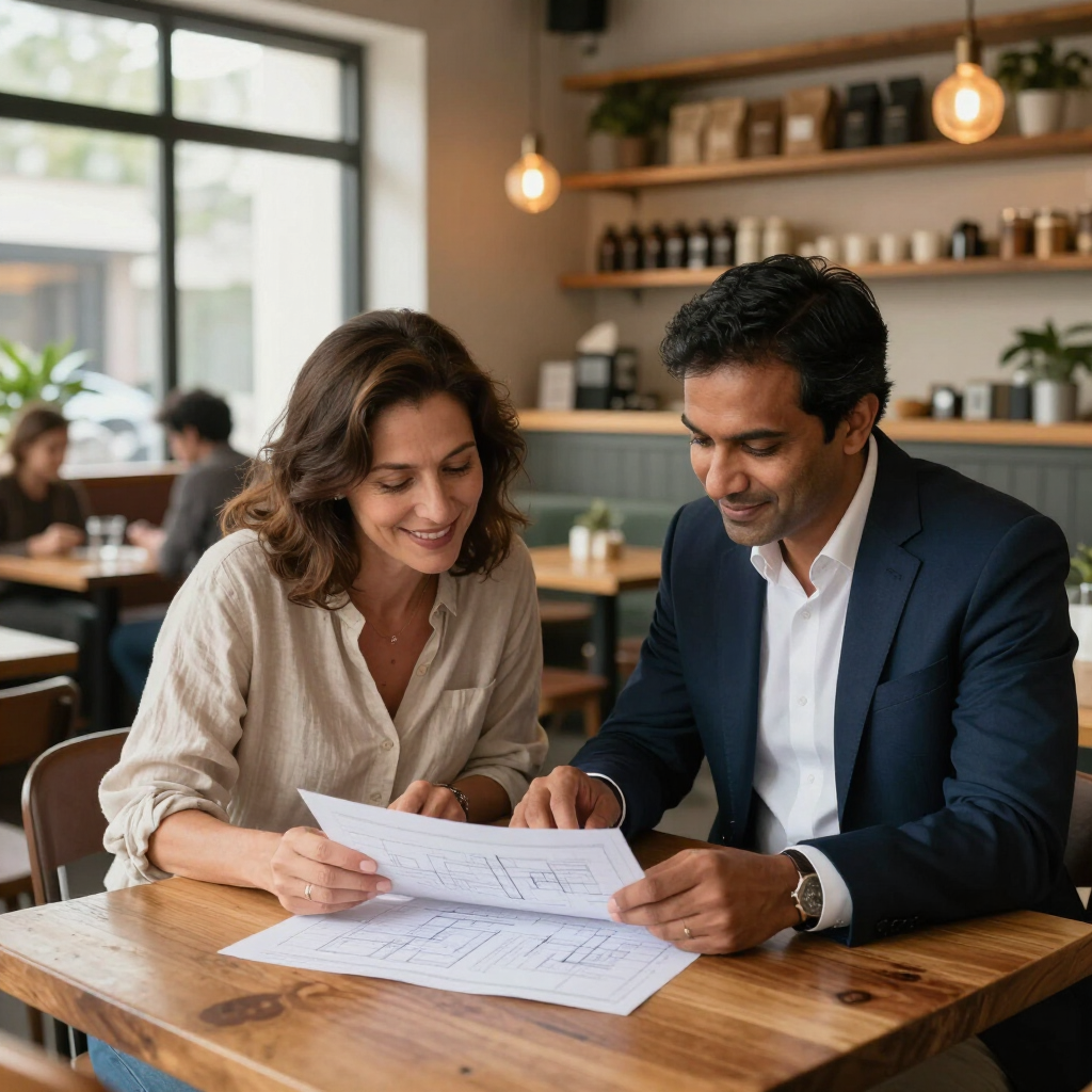 Twee collega's bekijken documenten aan een houten tafel in een licht café.