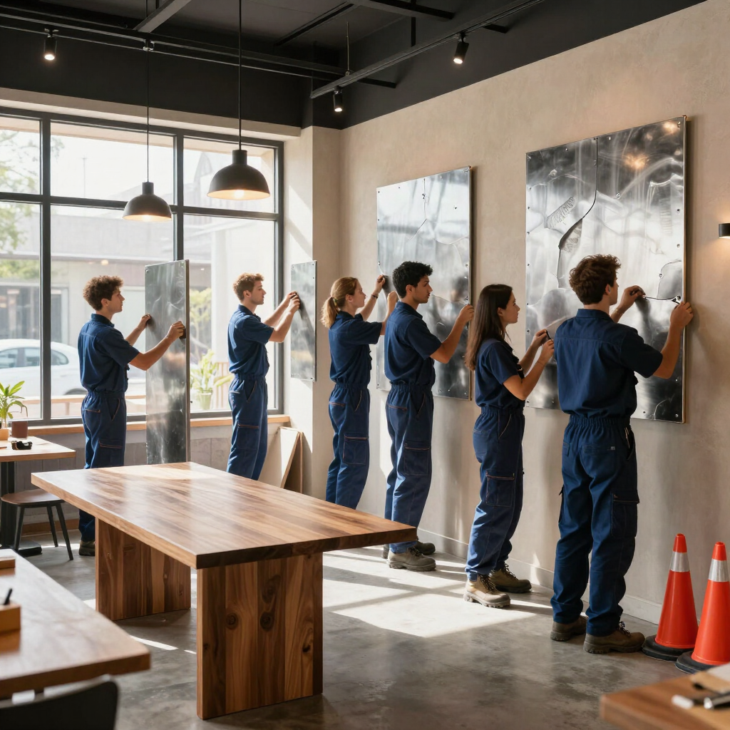 In een lichte studio hangen werknemers ingelijste kunstwerken aan de muur, met een houten tafel en oranje kegels.