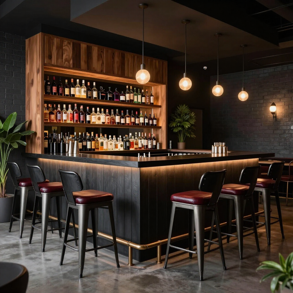 Een warm en modern barinterieur met drankrekken, hanglampen en een donkerhouten bar met barkrukken.