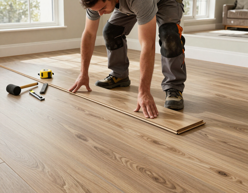LJ Flooring Solutions installer laying luxury vinyl plank flooring in an Indianapolis home