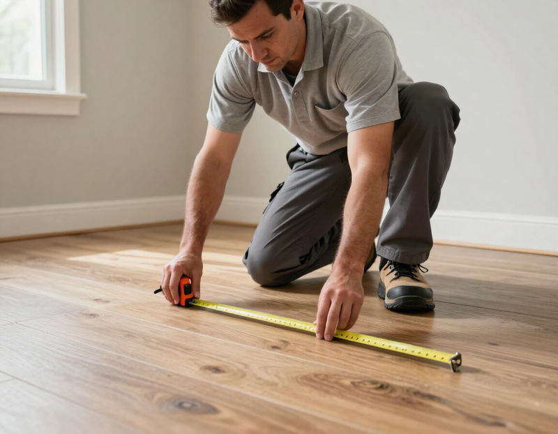 Flooring contractor measuring a floor during a free estimate in Indianapolis