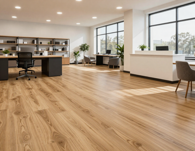 Commercial vinyl plank flooring in an office and retail space