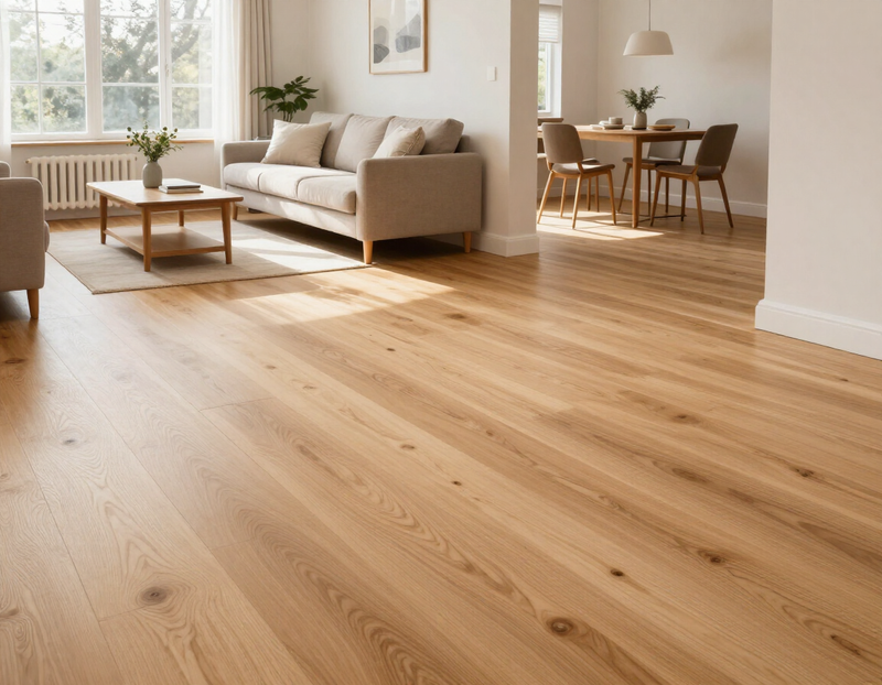 Residential flooring installation with new wood-look floors in an open living space