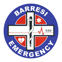 Logo per Barresi Emergency: cerchio blu con croce rossa, simbolo medico e testo 