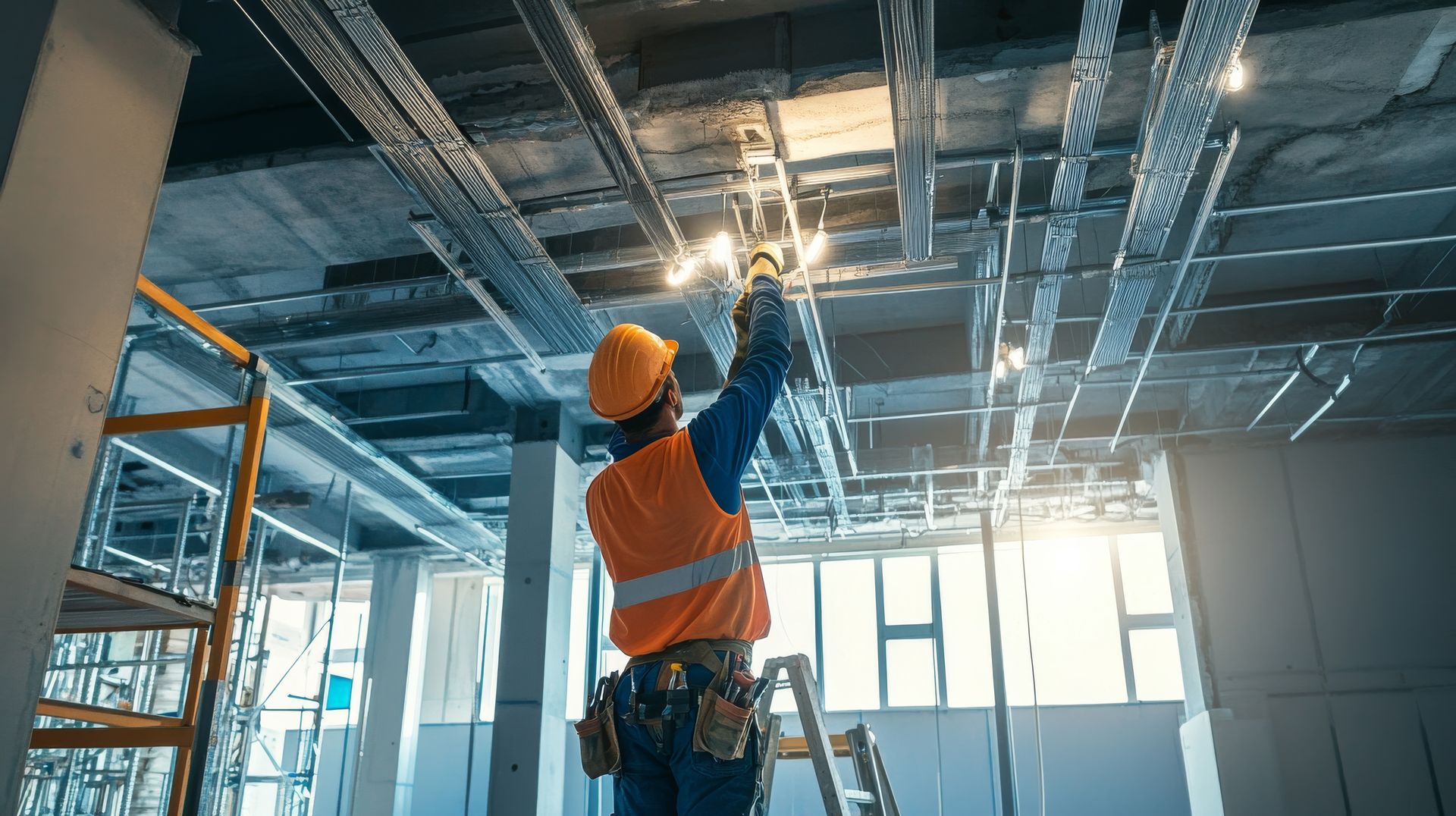 An electrician installing lighting fixtures in a commercial building under construction. An electrician installing lighting fixtures in a commercial building under construction.