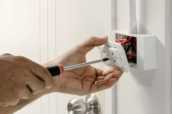 Hands using a screwdriver to install an electrical wall switch panel with exposed wiring