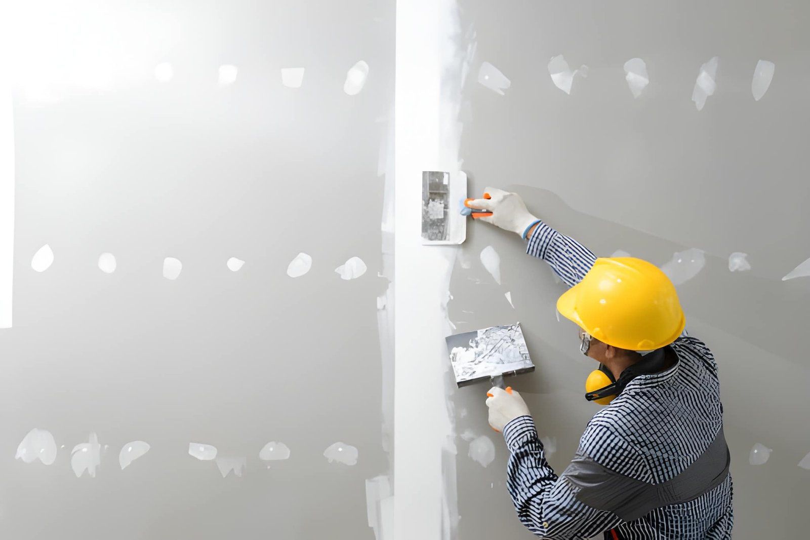 Person in a yellow hard hat applying drywall compound to a wall with a trowel and sanding tool