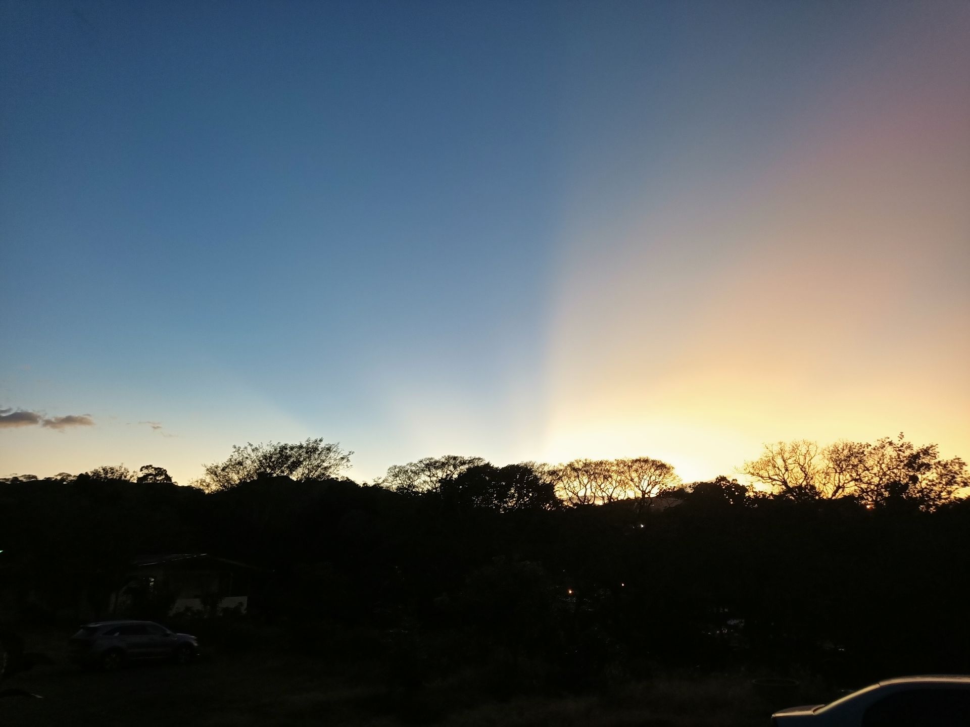 Cielo al atardecer sobre siluetas de árboles oscuros y un coche aparcado.
