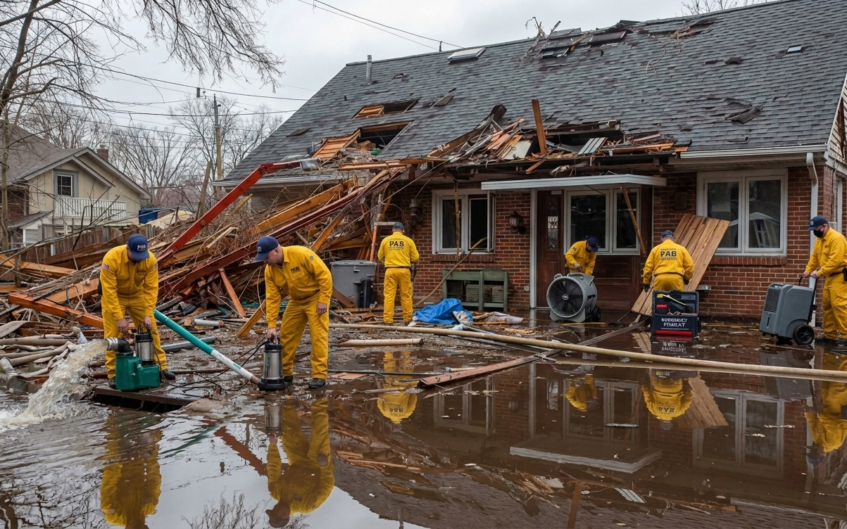 Workers pumping water from flooded, damaged house.