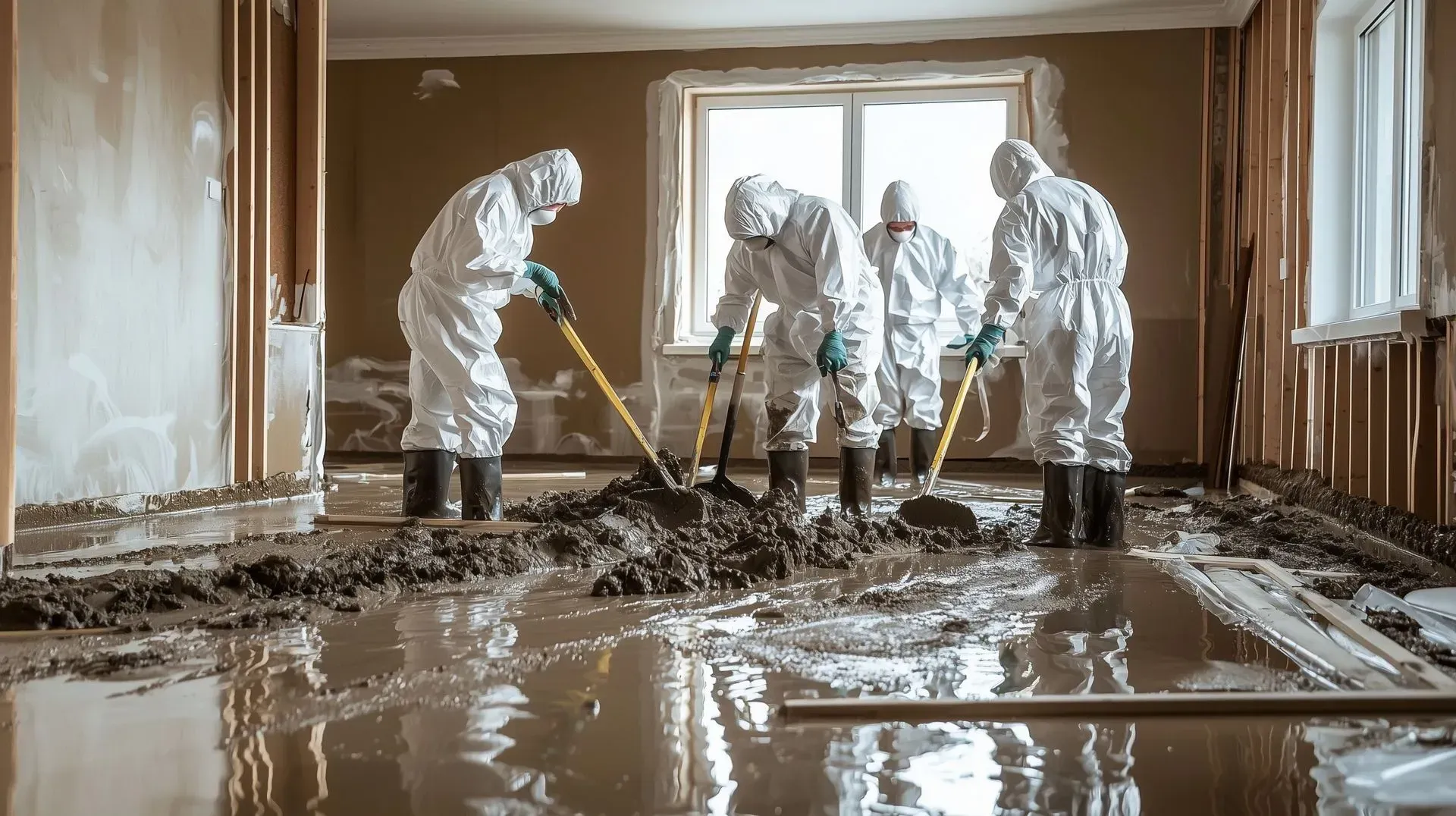 Cleanup crew in hazmat suits shoveling mud in flooded home.