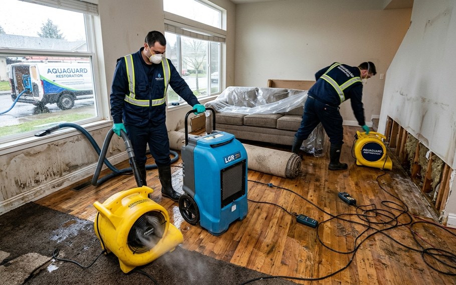 Water damage restoration team drying a flooded room.