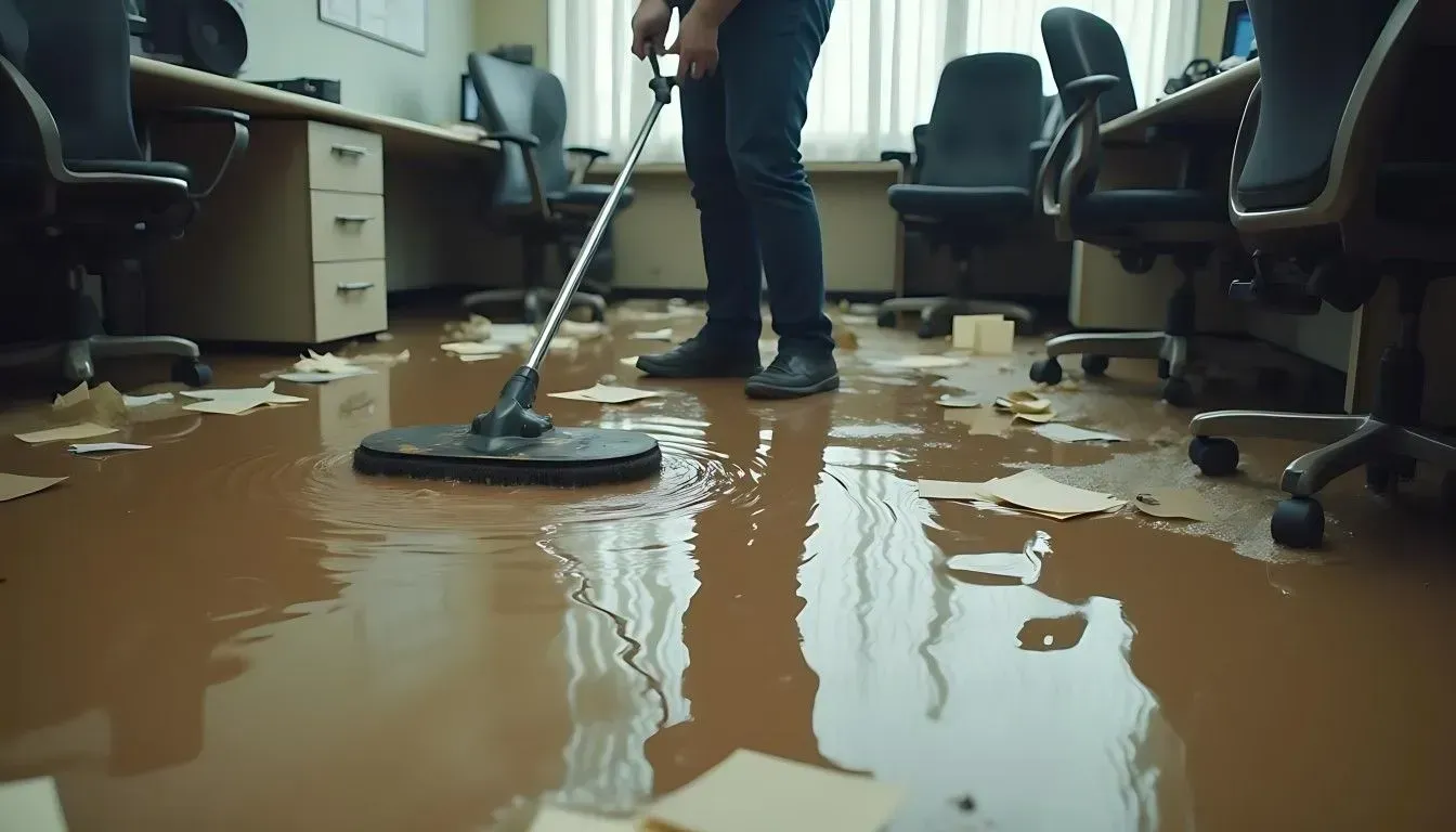 Man cleaning flooded office floor.