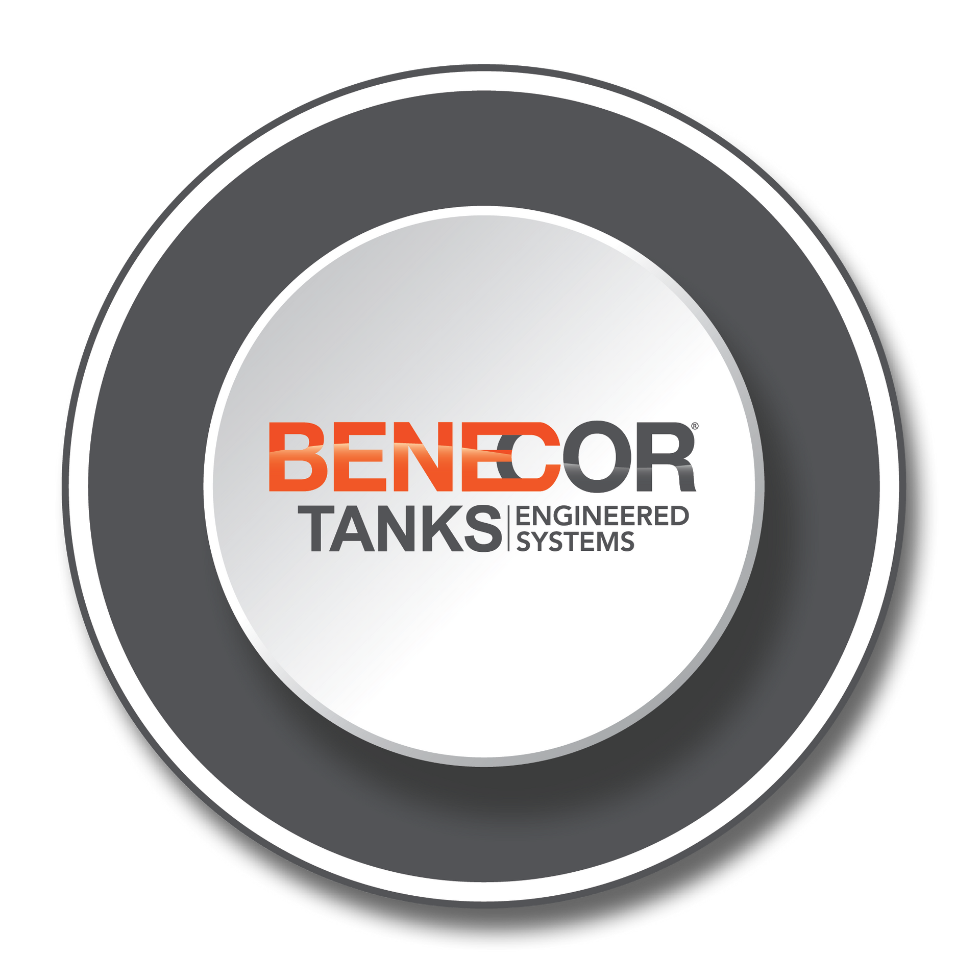 Logo for Benecor Tanks, with a white and gray circular design, and orange text.