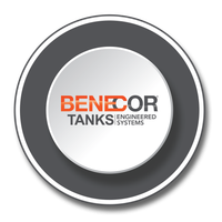 Logo for Benecor Tanks, with a white and gray circular design, and orange text.