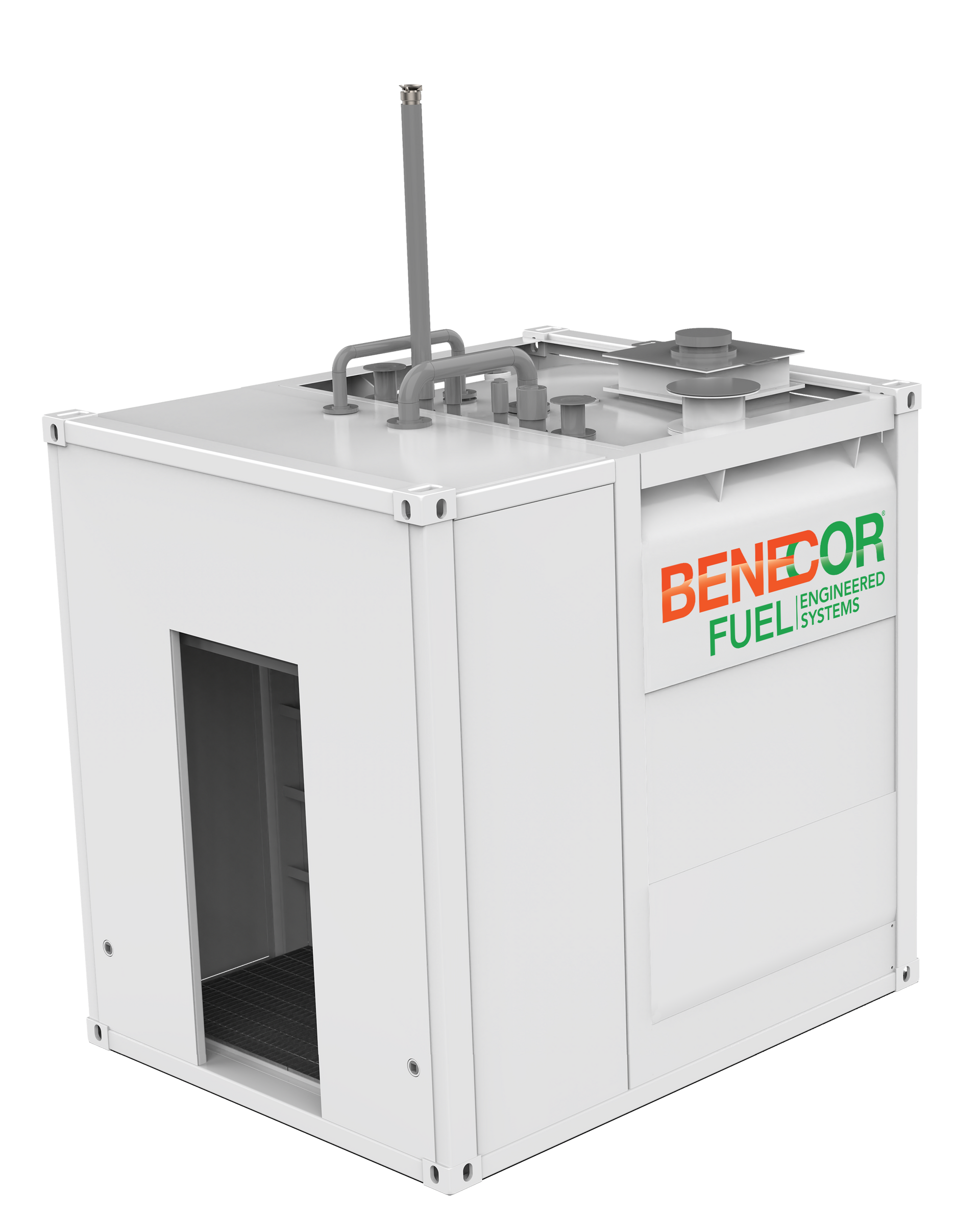 White fuel storage container with open door and BENECOR FUEL branding.