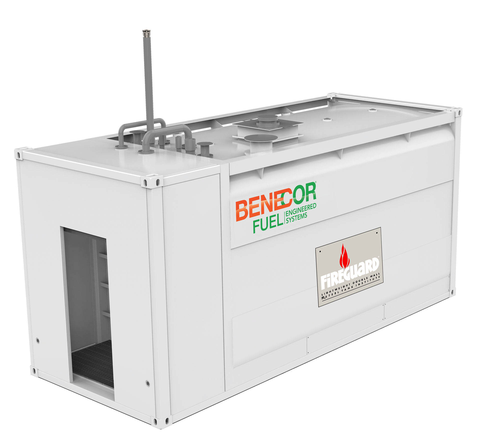 White fuel tank with BeneDor and Fireguard logos, gray top fixtures, open doorway.