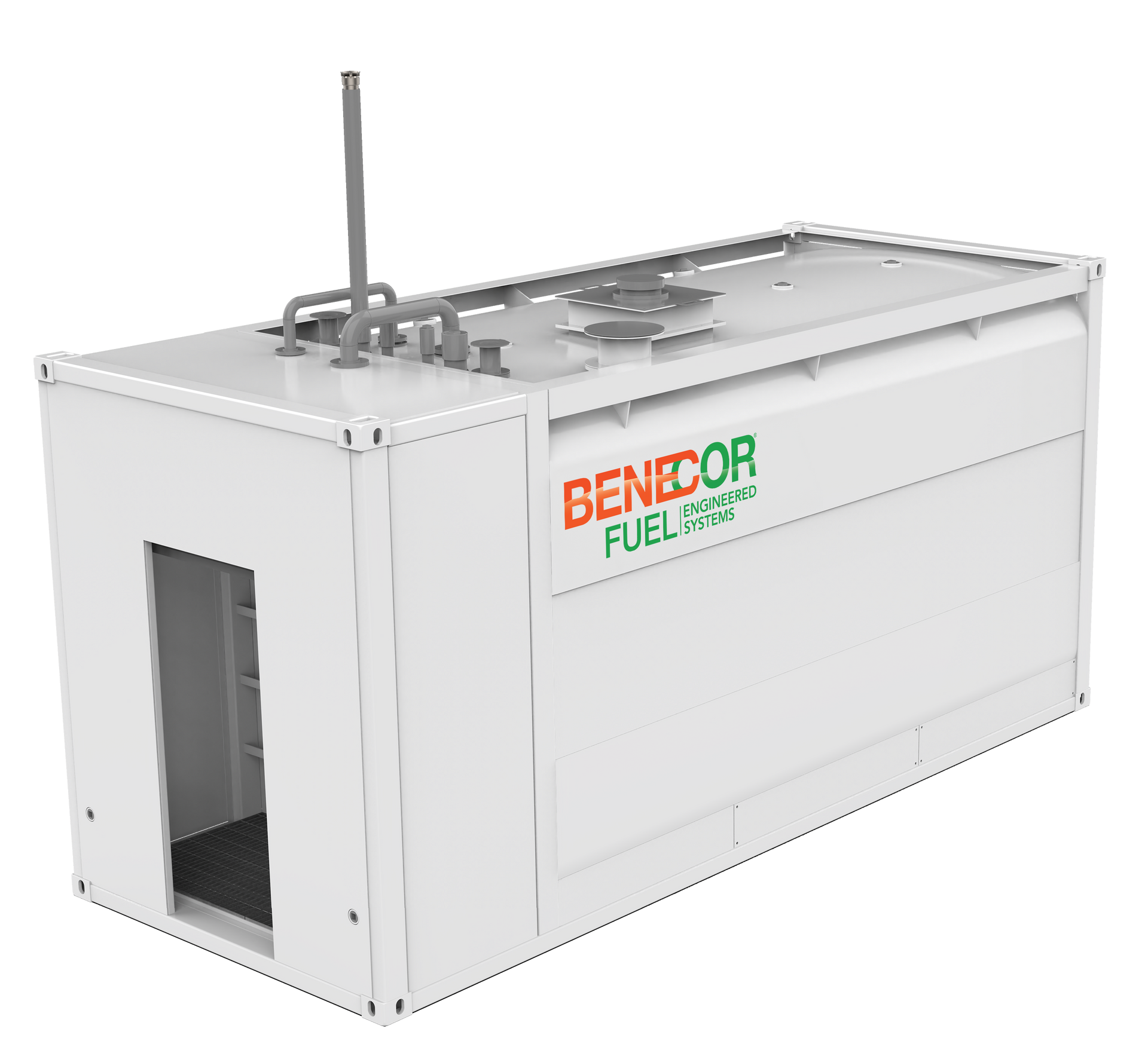 White BENECOR fuel tank with a gray spout, green and orange logo, and an open door.