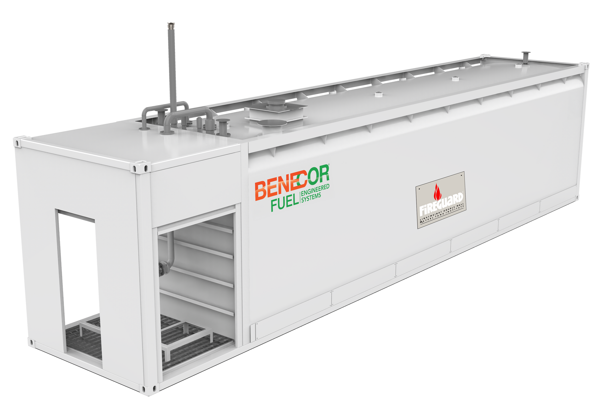 White containerized fuel tank with GENECOR FuelSkid logo, open door with stairs, and pipes on top.